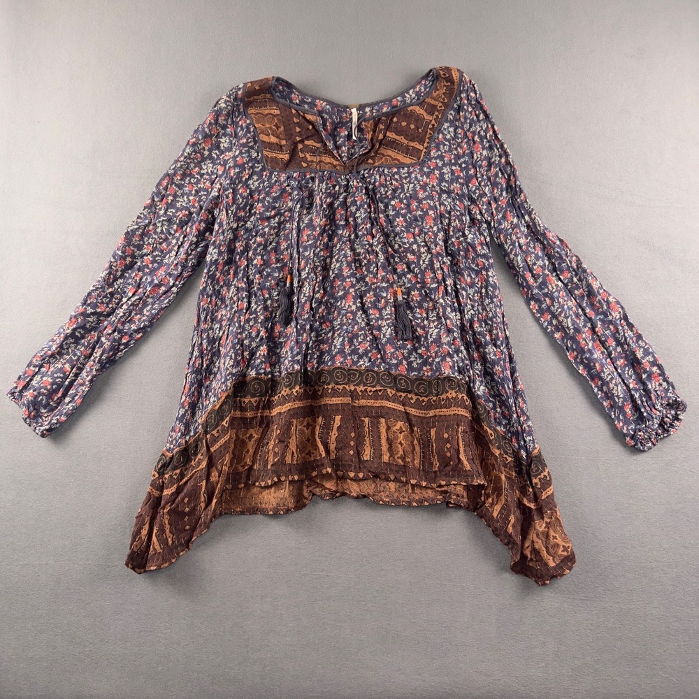 Free People XS Navy Blue Floral Metallic Gold Tassel Handkerchief Hem Tunic Top